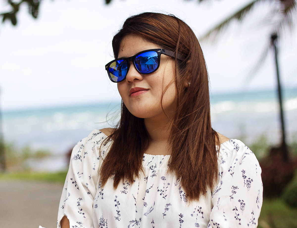 brimfield blue mirror polarized lens wooden sunglasses women lifestyle
