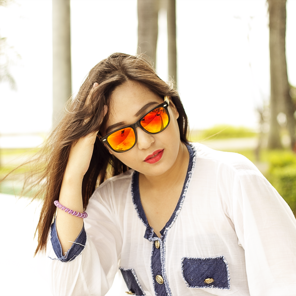 coniston red mirror polarized lens bamboo sunglasses lifestyle photo for women