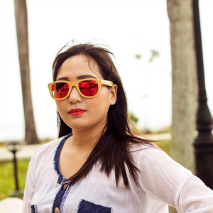eastcliff red mirror polarized full bamboo sunglass lifestyle for women