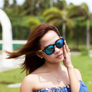 falman blue mirror lens bamboo sunglasses lifestyle women